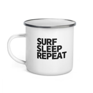 Le Gurp Emaille-Becher – Surf Sleep Repeat Schwarz (Logo-Rückseite)