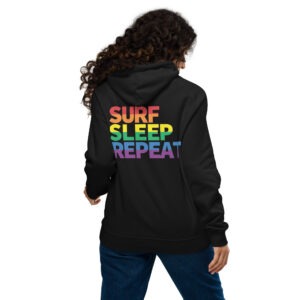 Le Gurp Hoodie Surf Sleep Repeat – Regenbogen-Backprint (Unisex, Bio-Baumwolle)