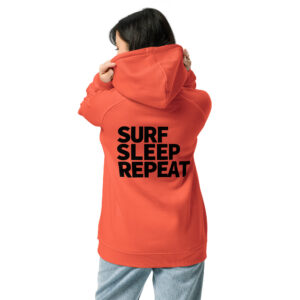 Le Gurp Hoodie Surf Sleep Repeat – Schwarzer Backprint (Unisex, Bio-Baumwolle)