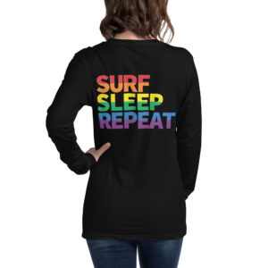 Le Gurp Langarmshirt Unisex Surf Sleep Repeat – Regenbogen-Backprint